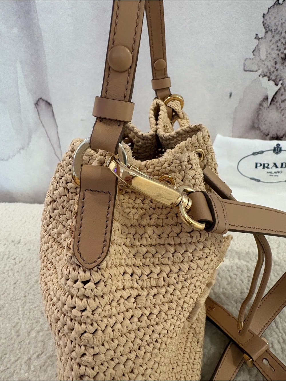 Prada Milano raffia and brown leather bucket tote with top handle and crossbody - Picture 6 of 9